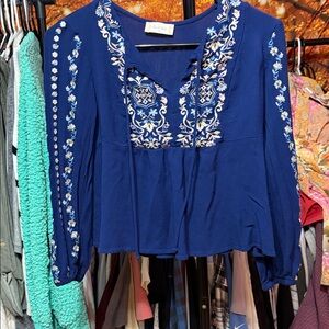 Altar’d State Small Navy Embroidered Boho Blouse Long Sleeve Floral Tie Front